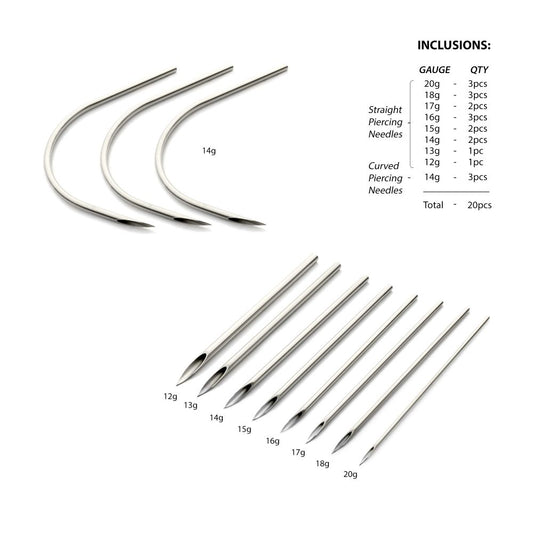 Tri-Beveled Ultra-Sharp Tips Biomedical-Grade Silicone Coated Piercing Needles Sample Pack (20 needles per box)