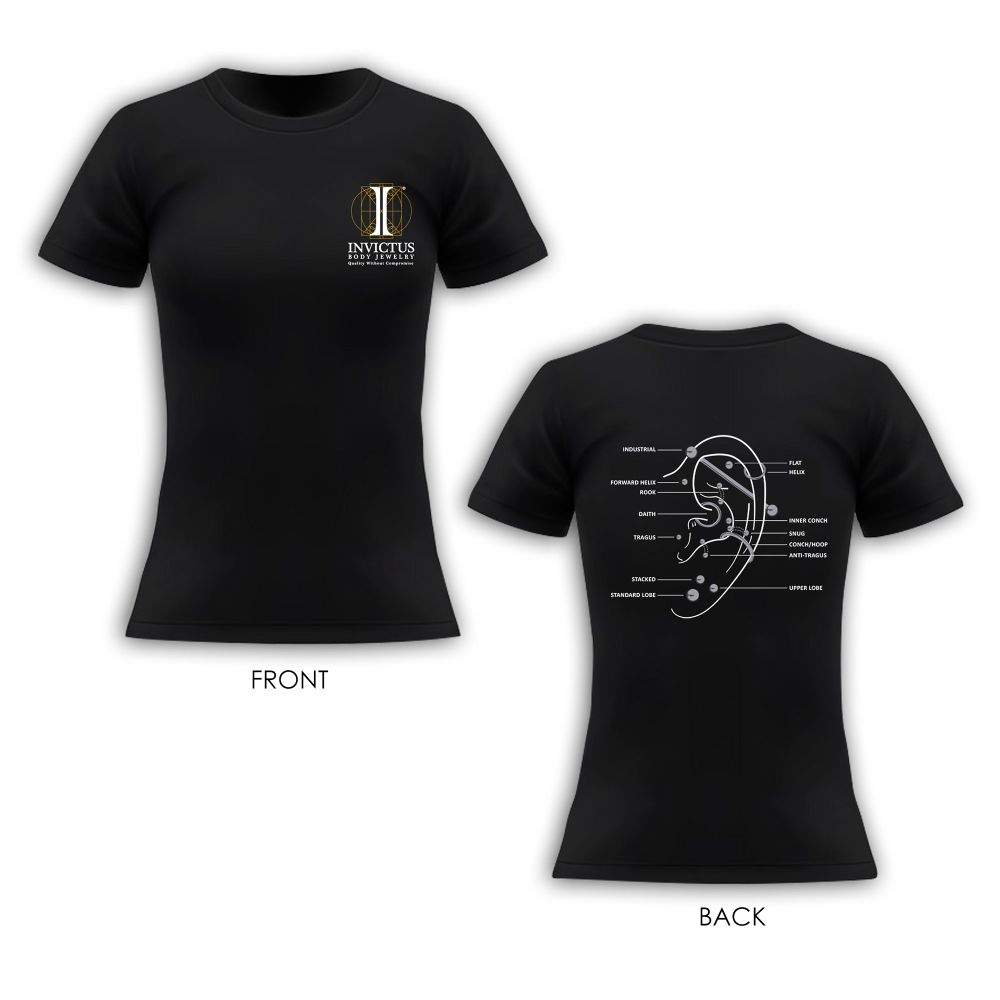 Women's Soft Cotton T-Shirt with Invictus Logo on front and an Ear Piercing Diagram at the back