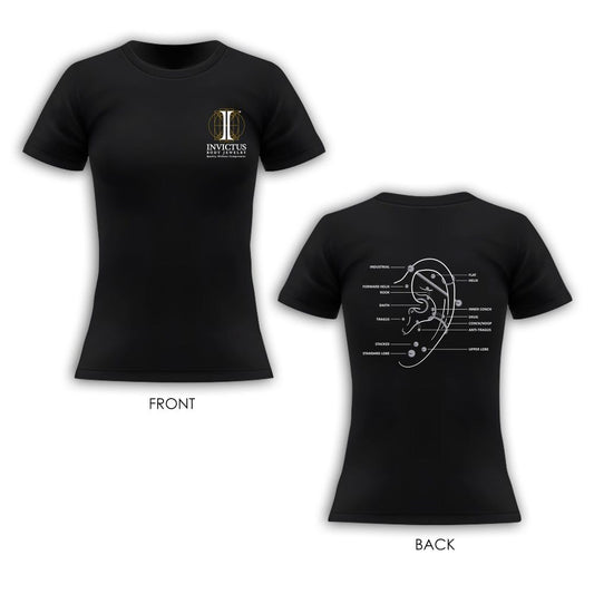 Women's Soft Cotton T-Shirt with Invictus Logo on front and an Ear Piercing Diagram at the back