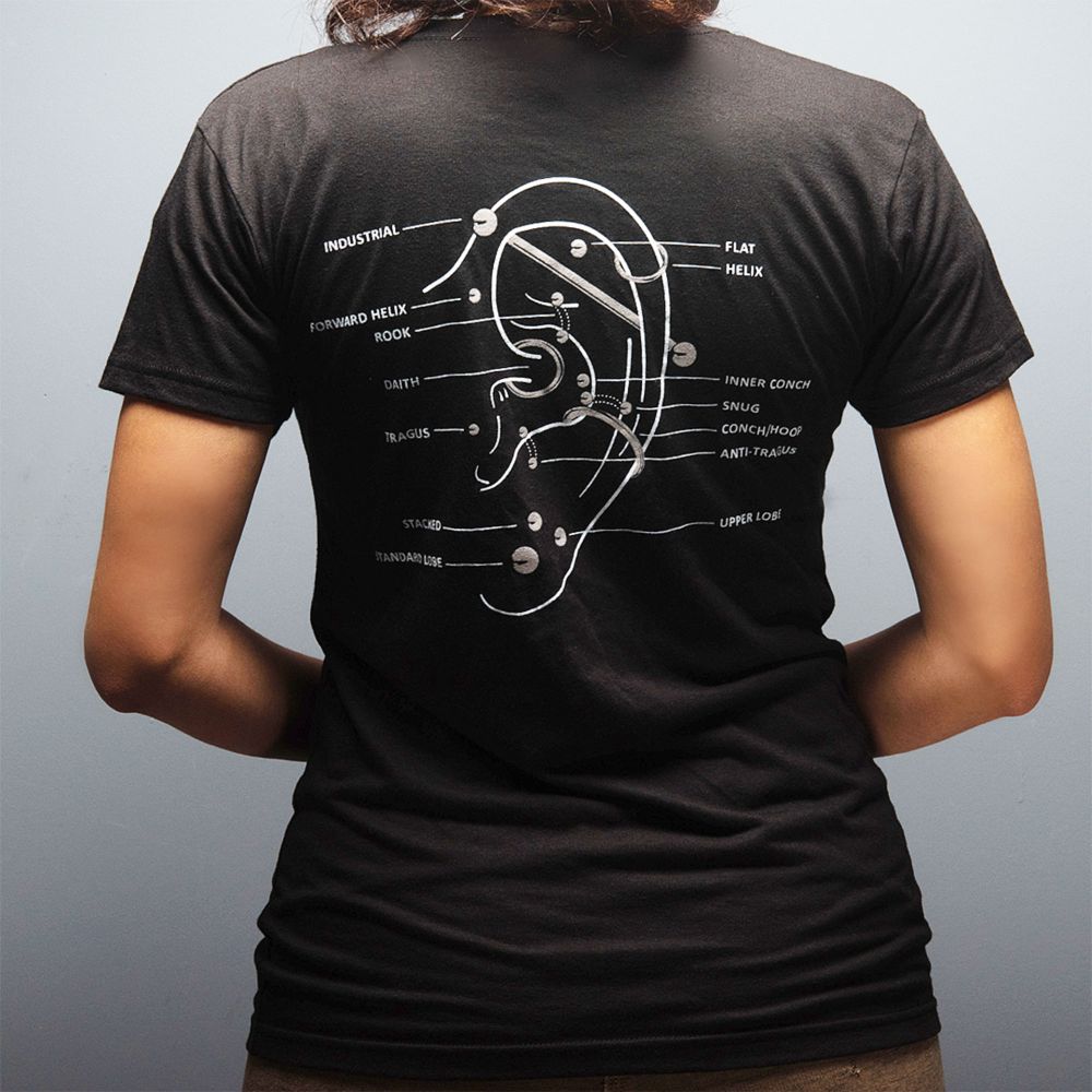 Women's Soft Cotton T-Shirt with Invictus Logo on front and an Ear Piercing Diagram at the back