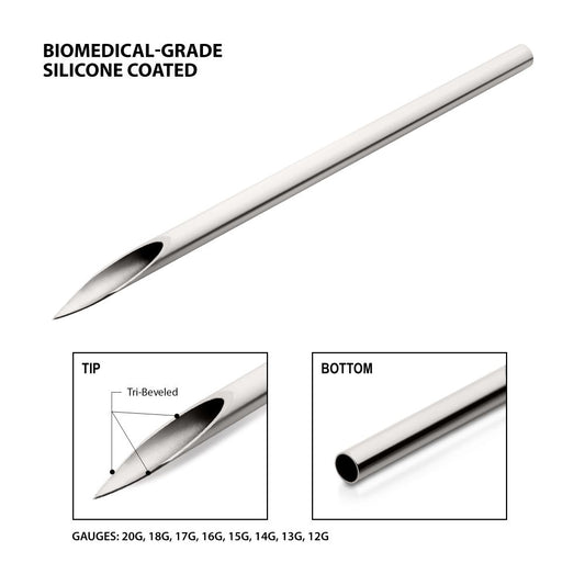Tri-Beveled Ultra-Sharp Tips Biomedical-Grade Silicone Coated Piercing Needles (100 needles per box)