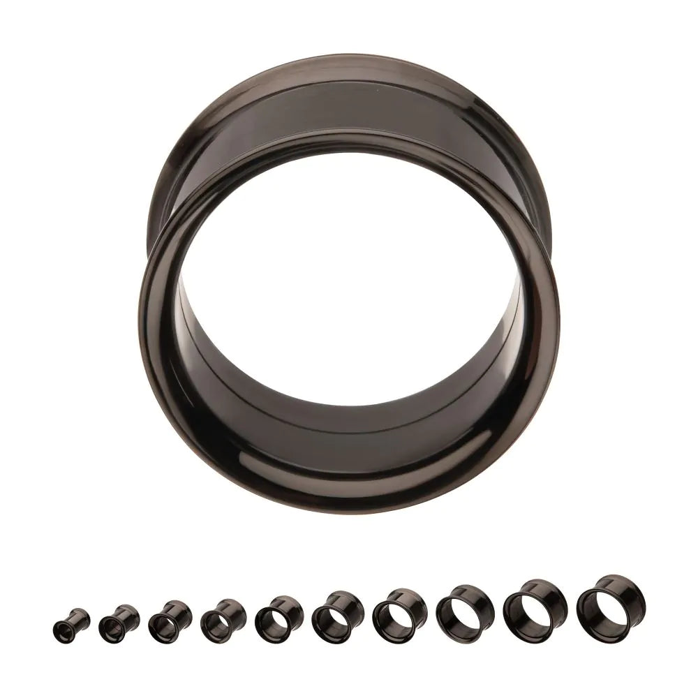Black PVD titanium internally threaded double flare tunnel.