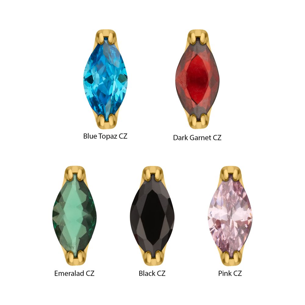 24KT Gold PVD Titanium Threadless Double V-Prong 3mm Marquise CZ Gem Top