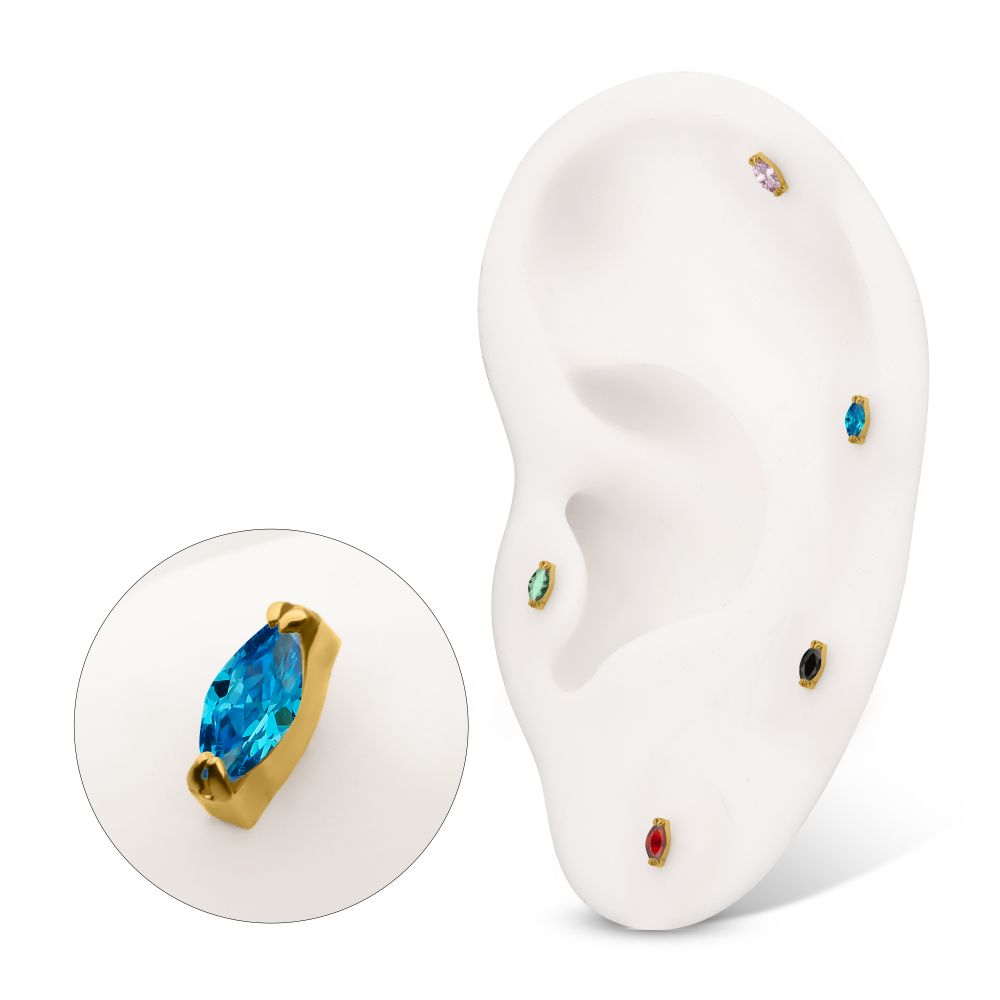 24KT Gold PVD Titanium Threadless Double V-Prong 3mm Marquise CZ Gem Top