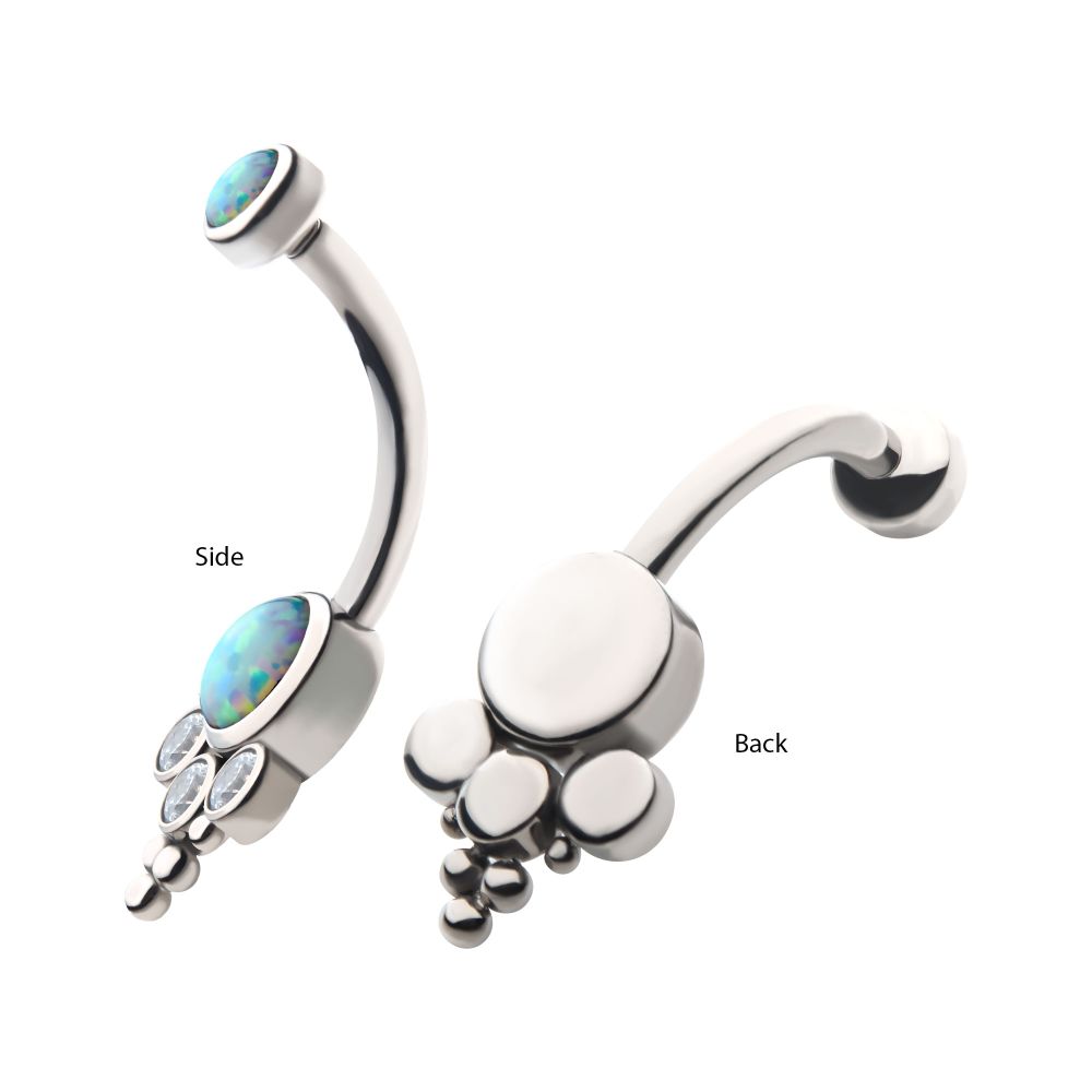 Titanium Internally Threaded with Tri Bead Bezel Set Opal & CZ Terraced Cluster Navel Curve