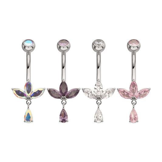 Titanium Internally Threaded Triple Marquise Gem Fan Navel with Floating Teardrop Gem Dangle