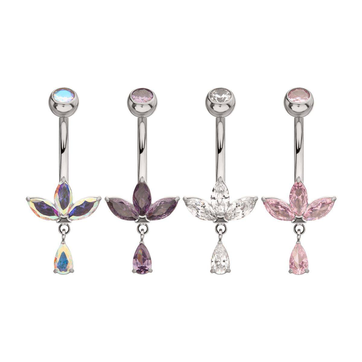 Titanium Internally Threaded Triple Marquise Gem Fan Navel with Floating Teardrop Gem Dangle