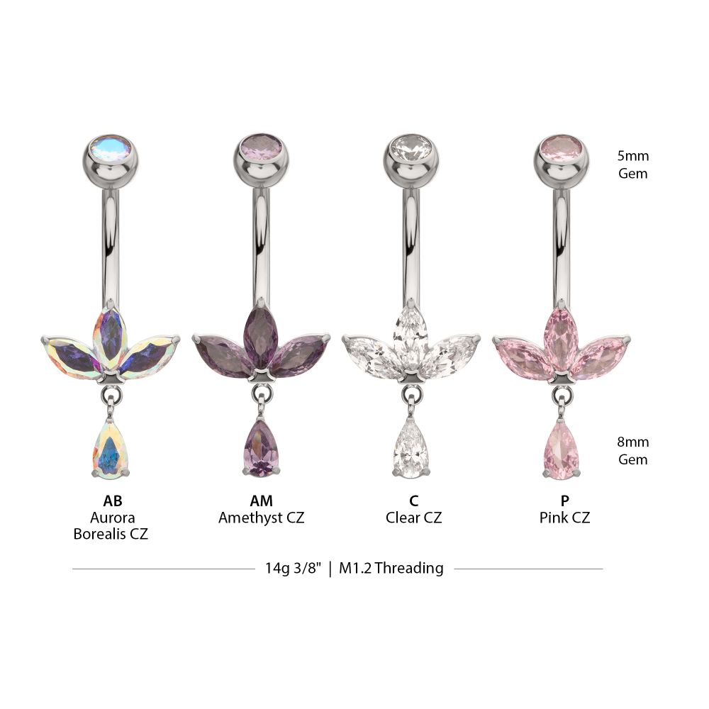 Titanium Internally Threaded Triple Marquise Gem Fan Navel with Floating Teardrop Gem Dangle