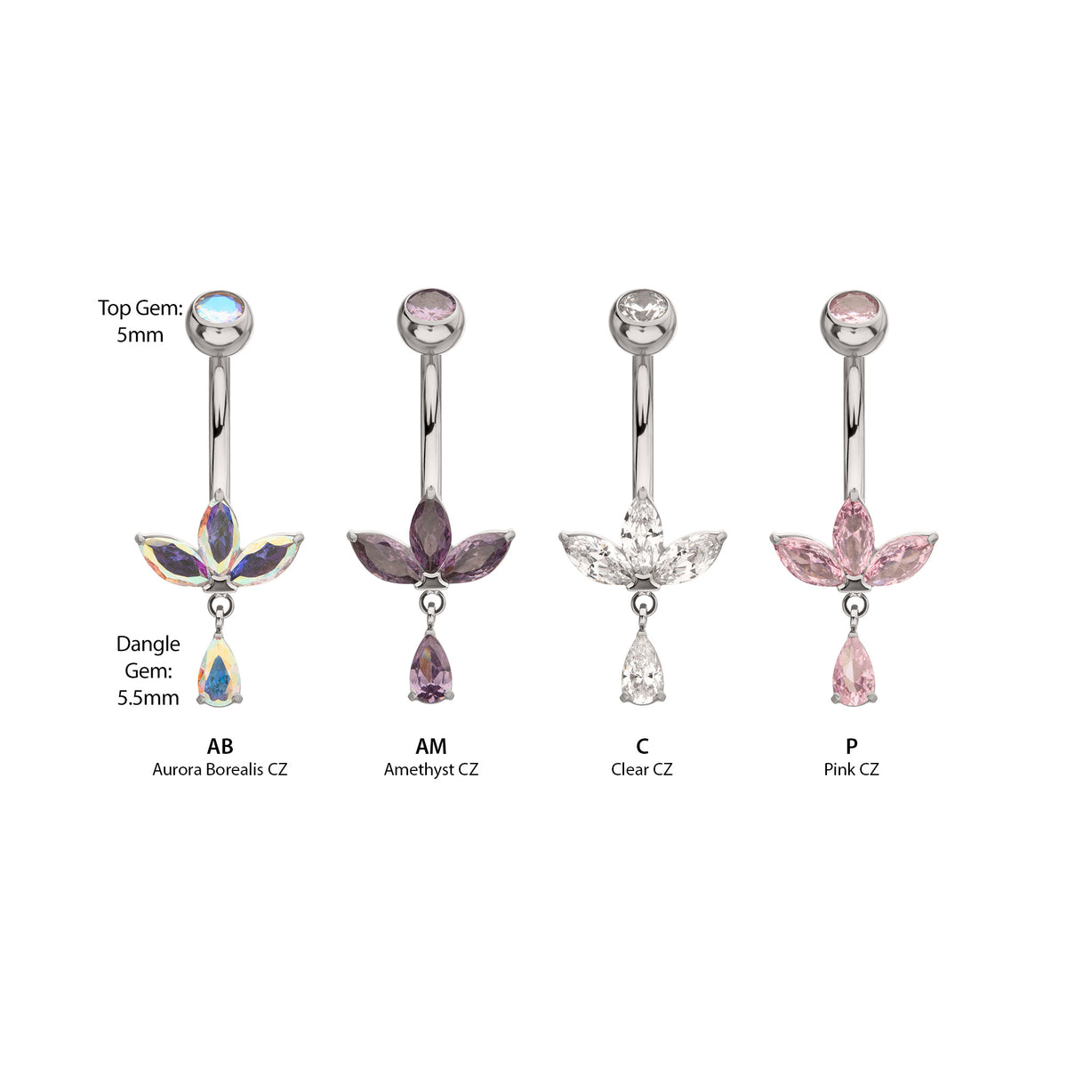 Titanium Internally Threaded Triple Marquise Gem Fan Navel with Floating Teardrop Gem Dangle