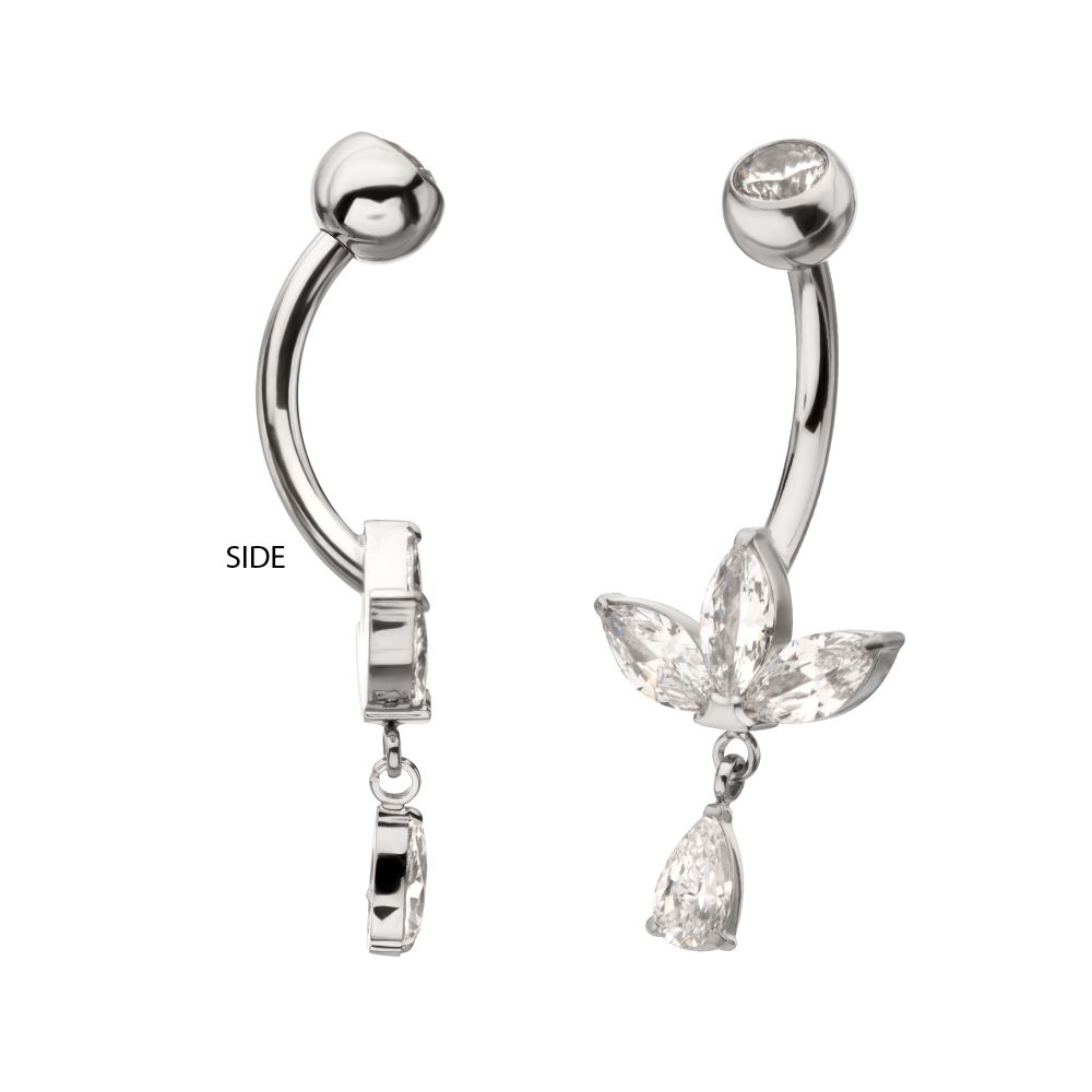 Titanium Internally Threaded Triple Marquise Gem Fan Navel with Floating Teardrop Gem Dangle