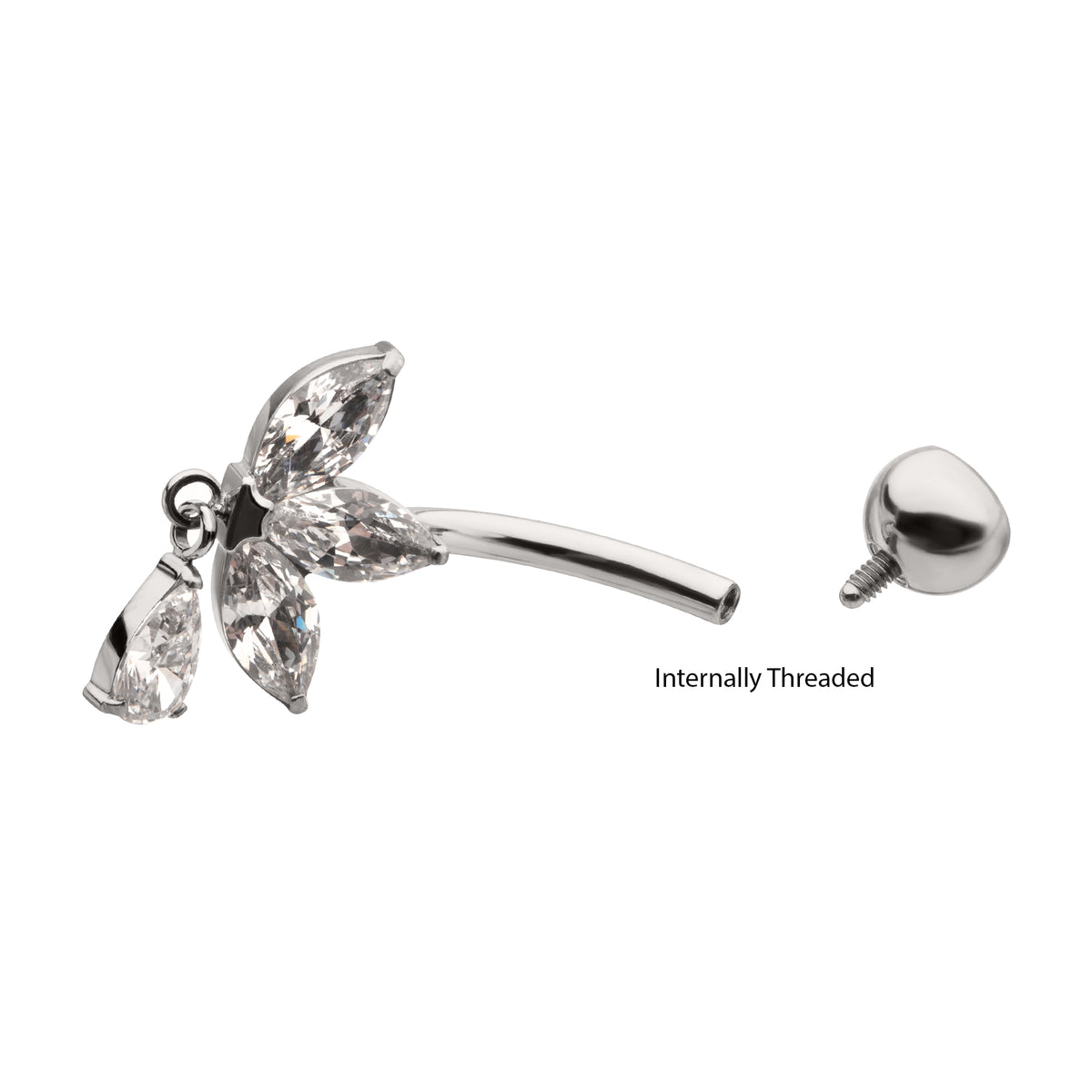 Titanium Internally Threaded Triple Marquise Gem Fan Navel with Floating Teardrop Gem Dangle