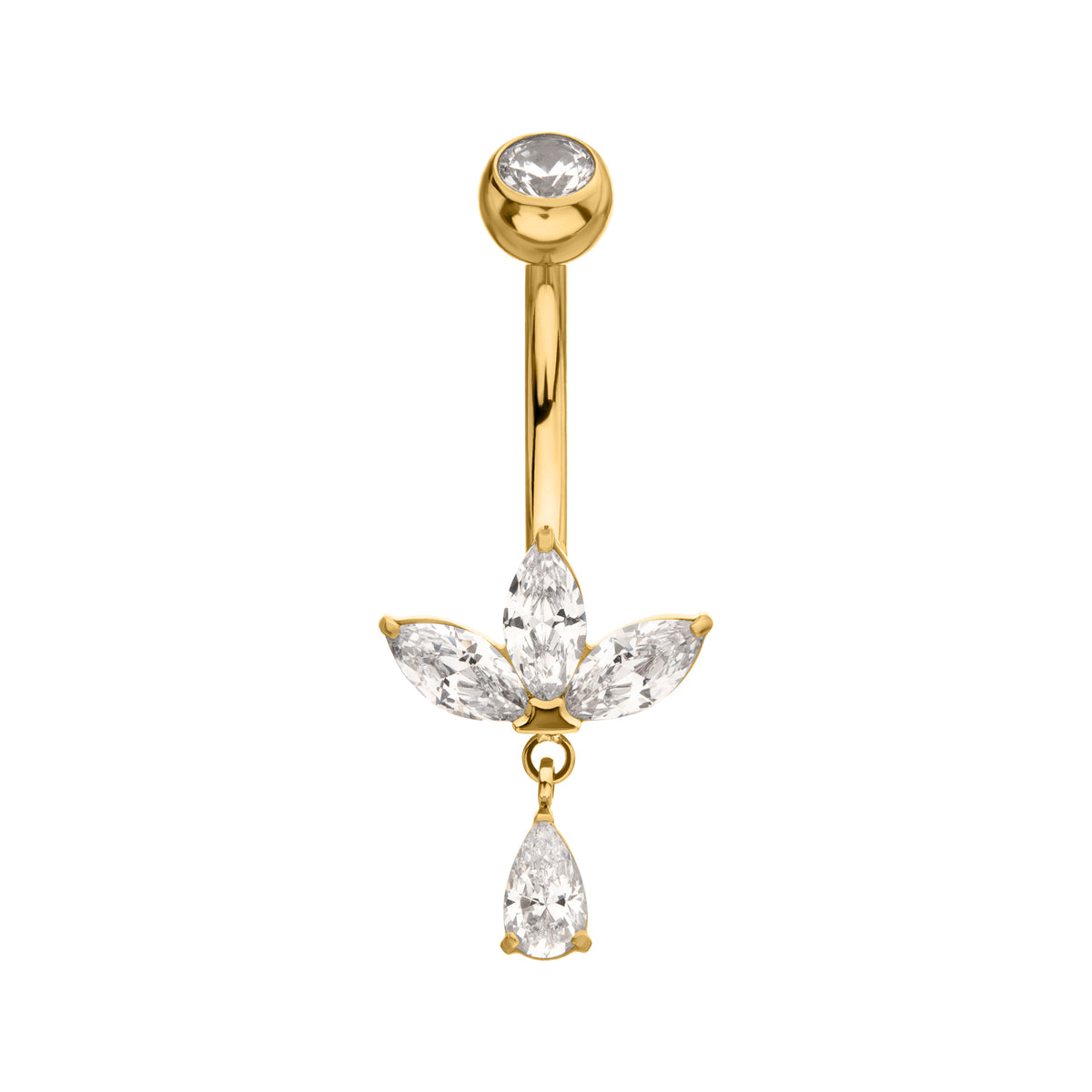 24kt Gold PVD Titanium Internally Threaded Triple Marquise Gem Fan Navel with Floating Teardrop Gem Dangle