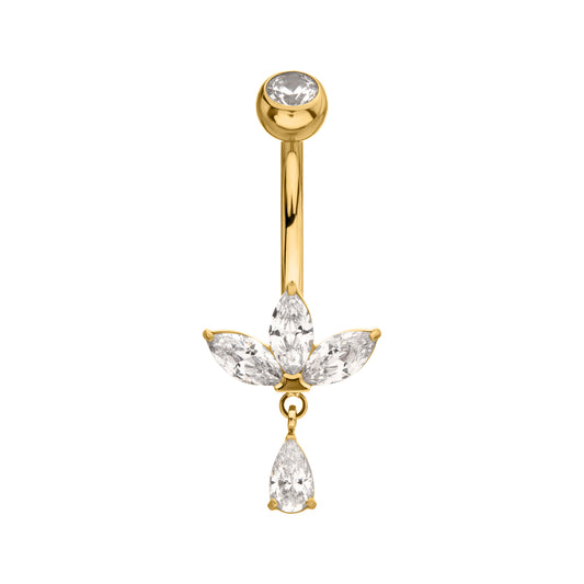 24kt Gold PVD Titanium Internally Threaded Triple Marquise Gem Fan Navel with Floating Teardrop Gem Dangle
