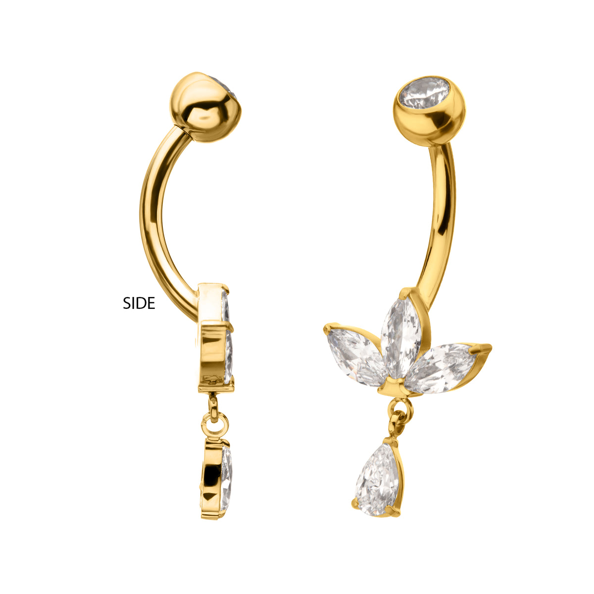 24kt Gold PVD Titanium Internally Threaded Triple Marquise Gem Fan Navel with Floating Teardrop Gem Dangle