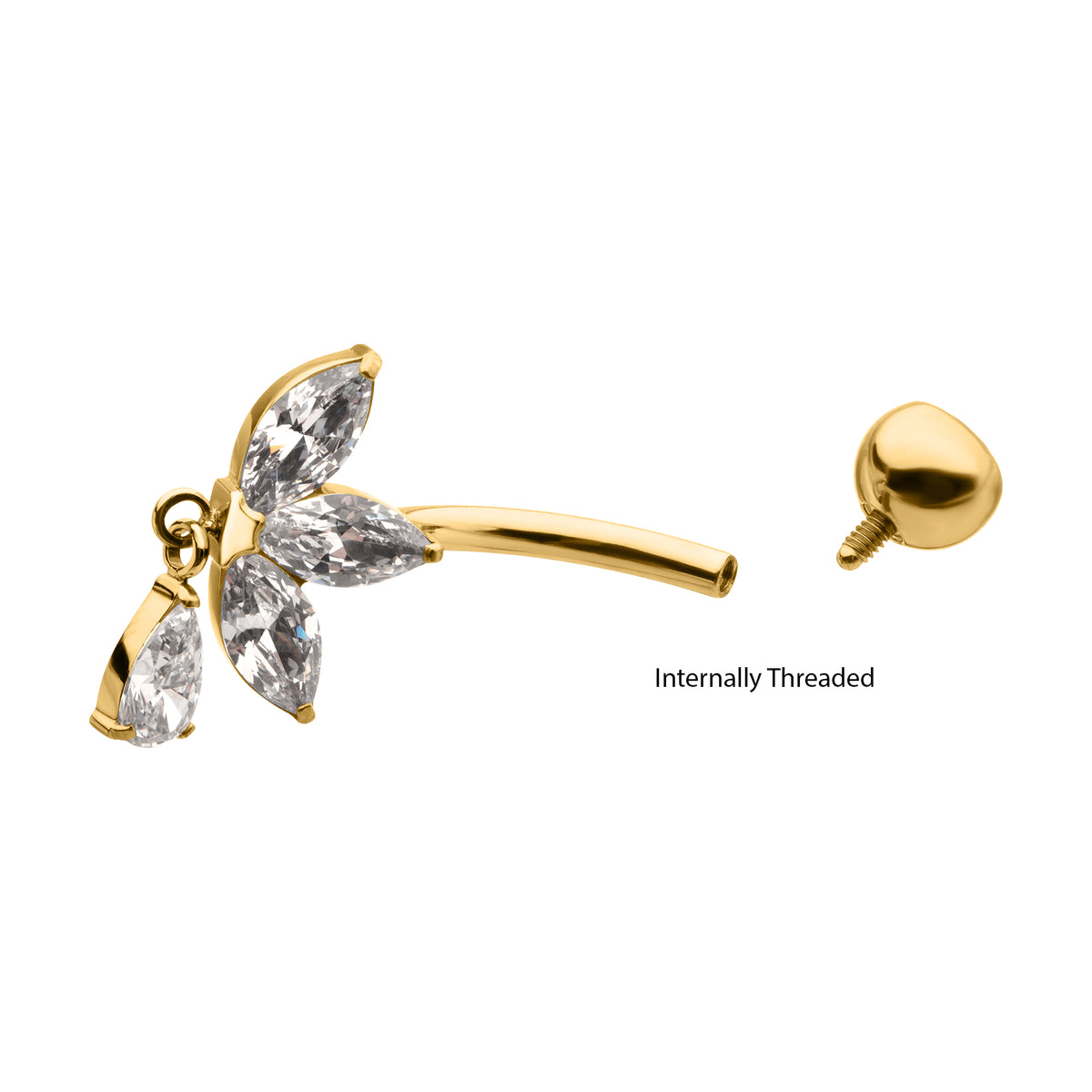 24kt Gold PVD Titanium Internally Threaded Triple Marquise Gem Fan Navel with Floating Teardrop Gem Dangle
