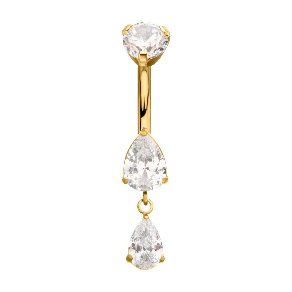 24Kt Gold PVD Titanium Internally Threaded Double Teardrop Prong Set Gem Dangle Navel