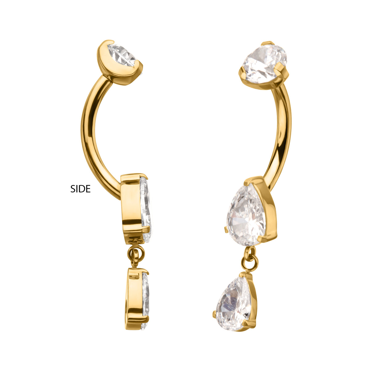 24Kt Gold PVD Titanium Internally Threaded Double Teardrop Prong Set Gem Dangle Navel