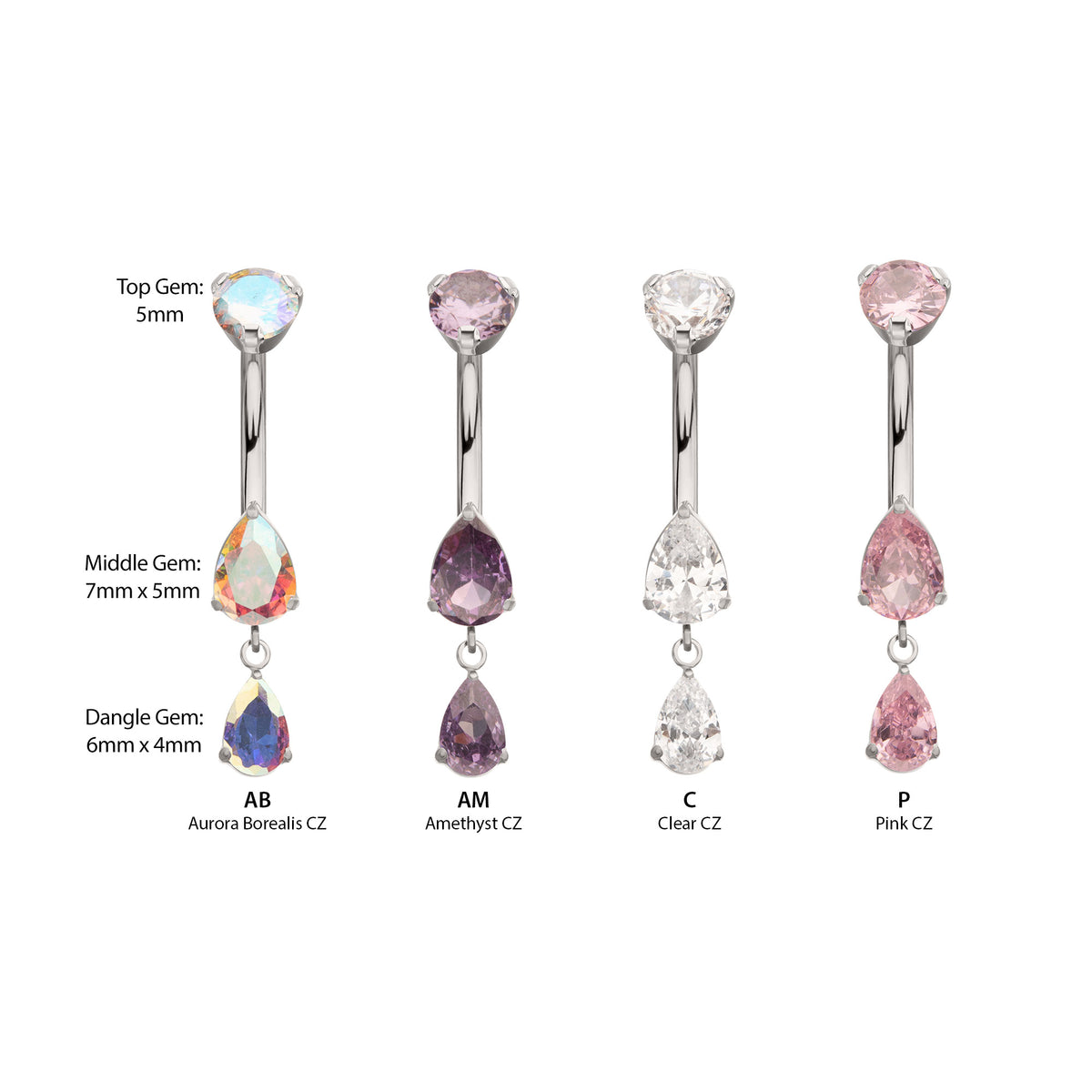 Titanium Internally Threaded Double Teardrop Prong Set Gem Dangle Navel