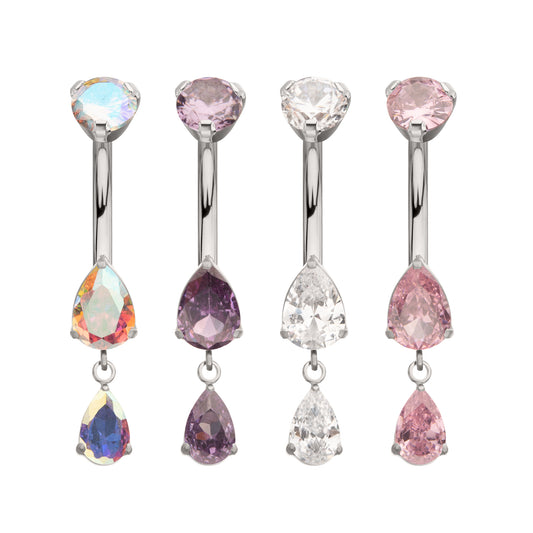 Titanium Internally Threaded Double Teardrop Prong Set Gem Dangle Navel