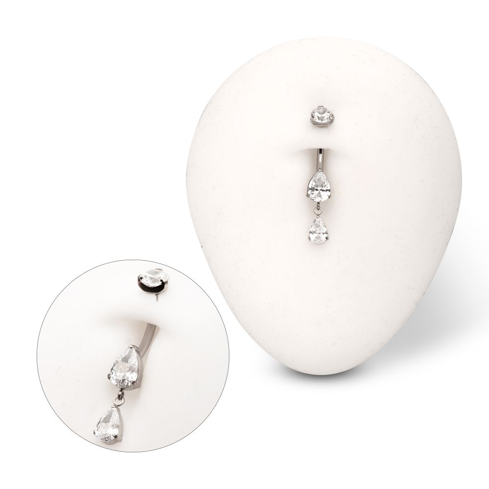 Titanium Internally Threaded Double Dangle Prong Set Teardrop Gem Navel