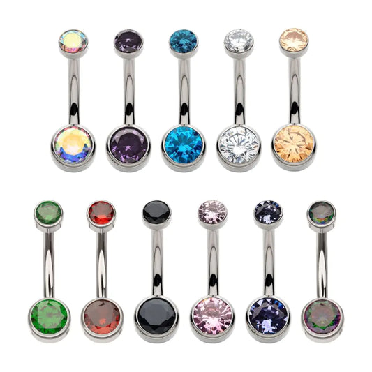 14ga Navel Internally Threaded Double Bezel Round with Smooth Rounded Back & Fixed Bottom Curved Navel