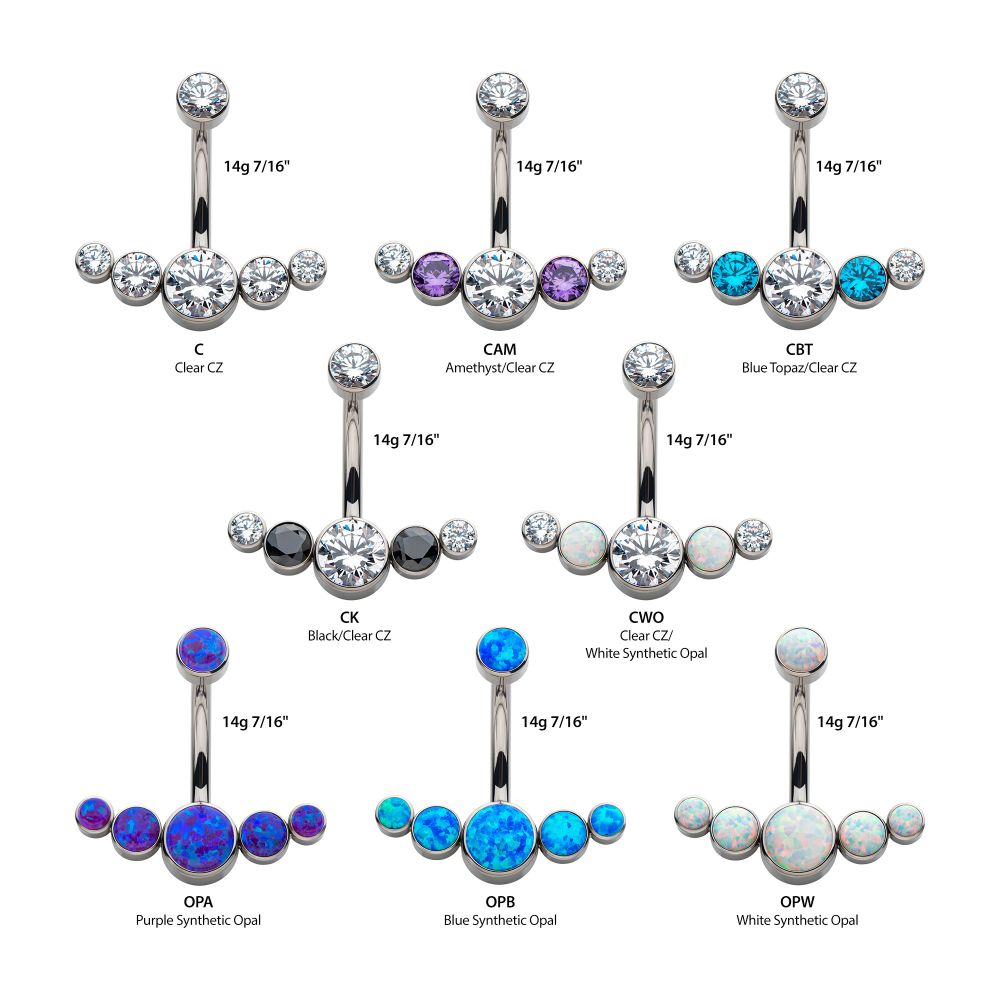 Titanium Internally Threaded with 5 Bezel Set CZ/Synthetic Opal Cluster Fixed Navel
