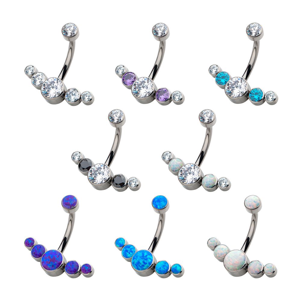 Titanium Internally Threaded with 5 Bezel Set CZ/Synthetic Opal Cluster Fixed Navel