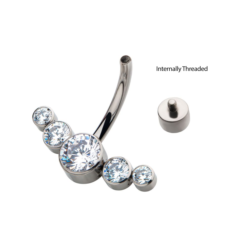 Titanium Internally Threaded with 5 Bezel Set CZ/Synthetic Opal Cluster Fixed Navel