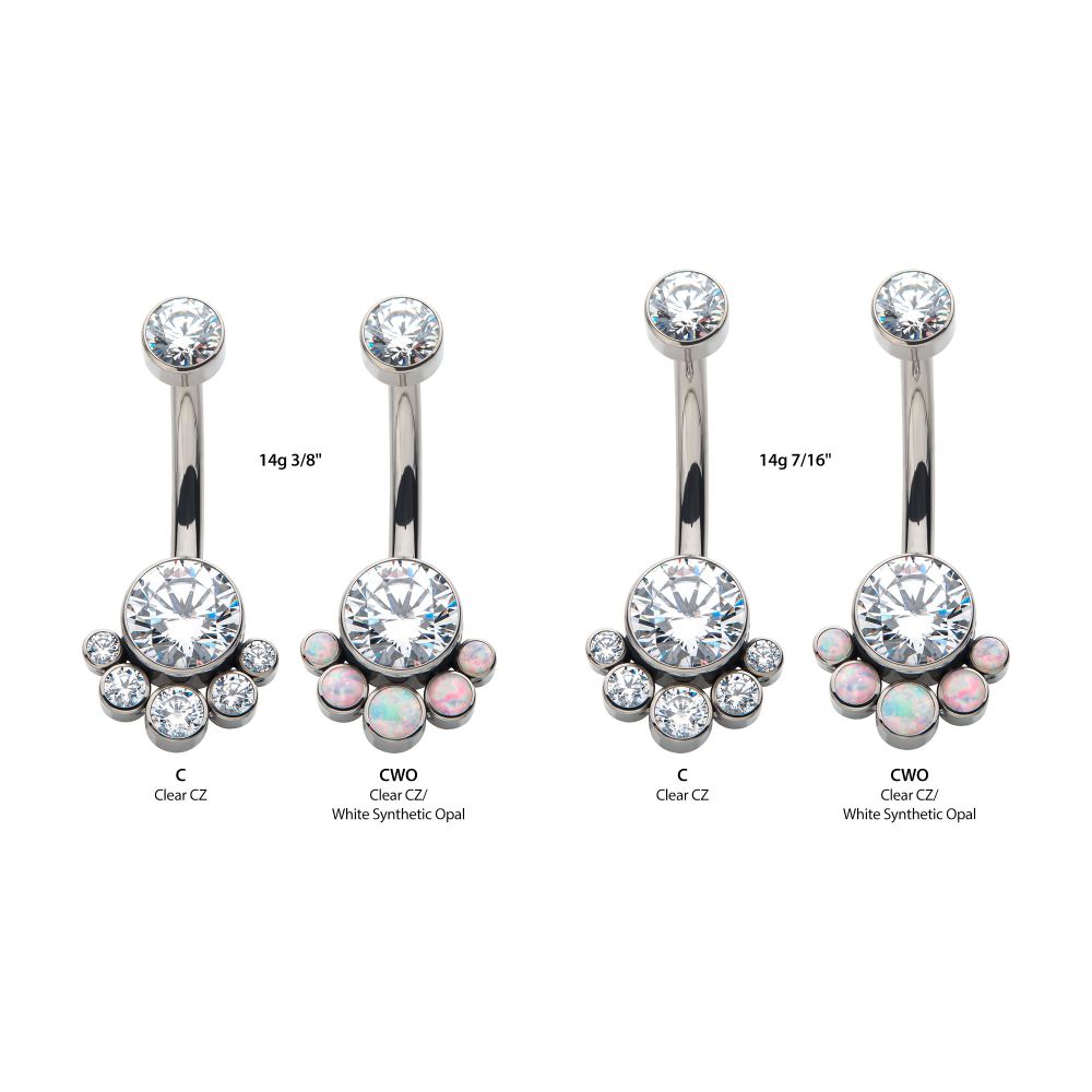 Titanium Internally Threaded with 5 Bezel Set Round CZ/Synthetic Opal Terraced Cluster Fixed Navel