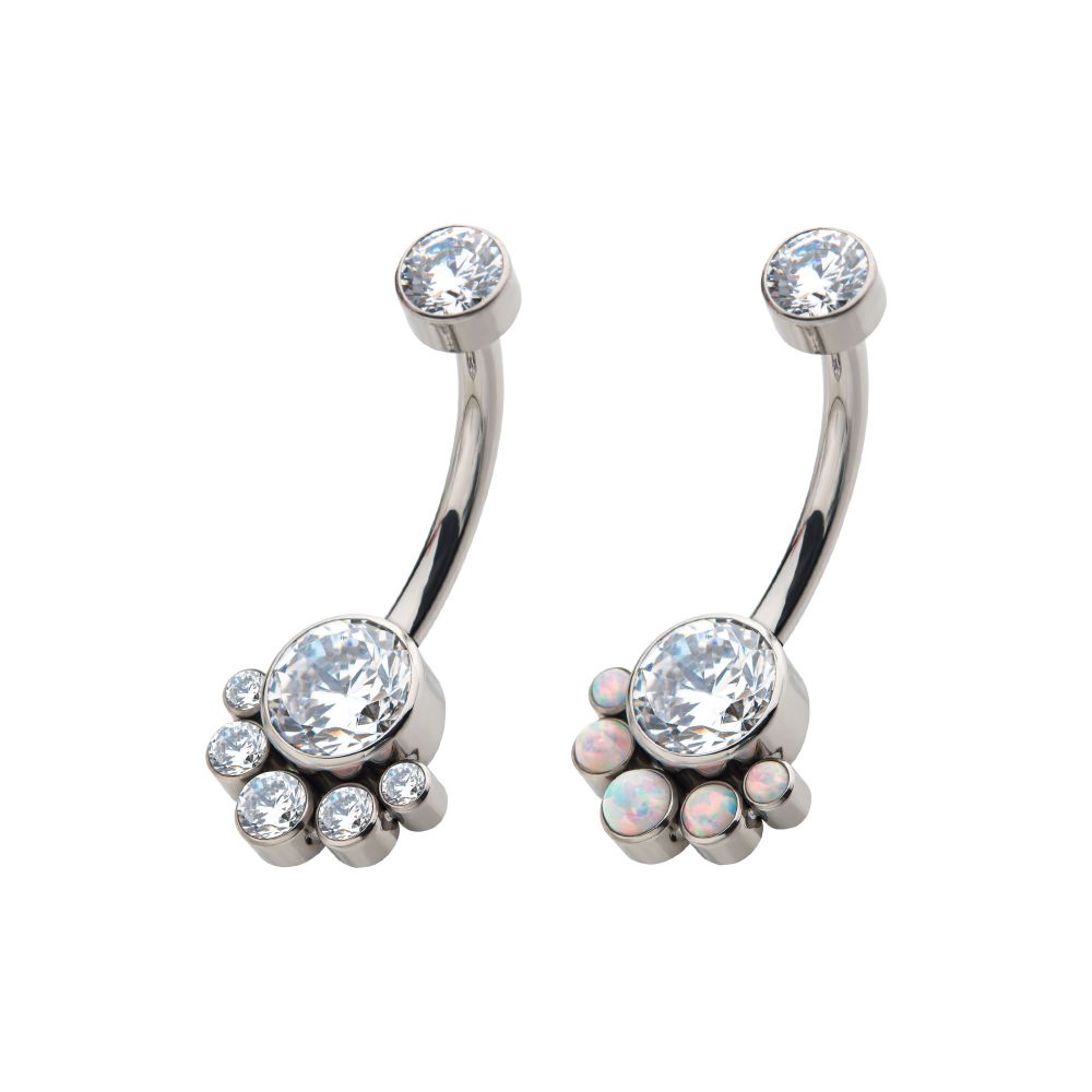 Titanium Internally Threaded with 5 Bezel Set Round CZ/Synthetic Opal Terraced Cluster Fixed Navel