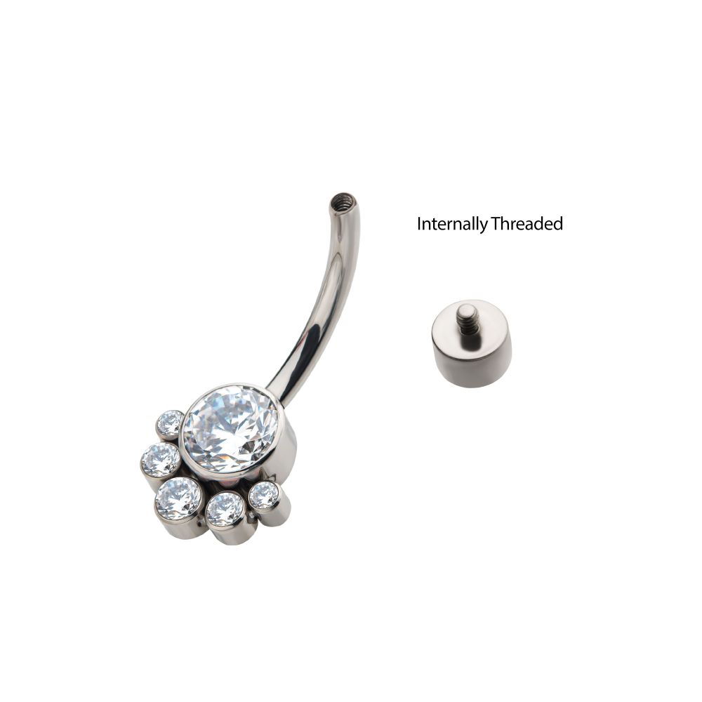 Titanium Internally Threaded with 5 Bezel Set Round CZ/Synthetic Opal Terraced Cluster Fixed Navel