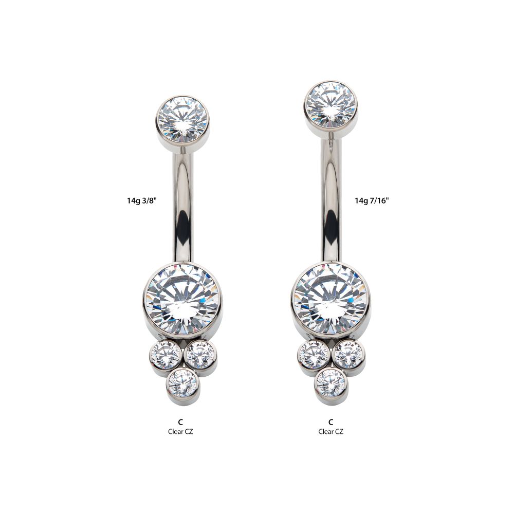 Titanium Internally Threaded with 3 Bezel Set Round Clear CZ Cluster Fixed Navel