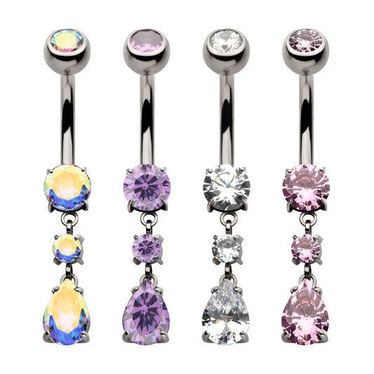 Titanium Internally Threaded Double Round Prong Set Gem with Teardrop Dangle Navel