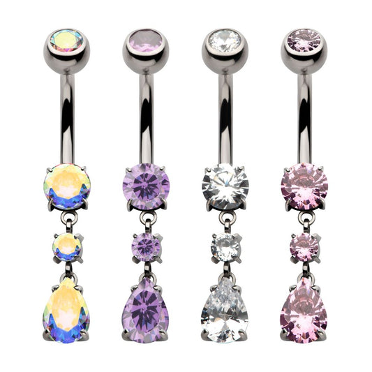 Titanium Internally Threaded Double Dangle Prong Set Round and Teadrop Gem Navel