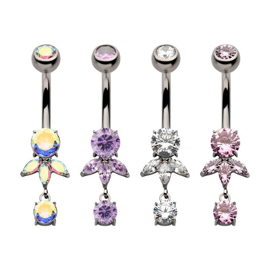 Titanium Internally Threaded Prong Set Round and Triple Marquise Gem Fan Navel with Round Gem Dangle