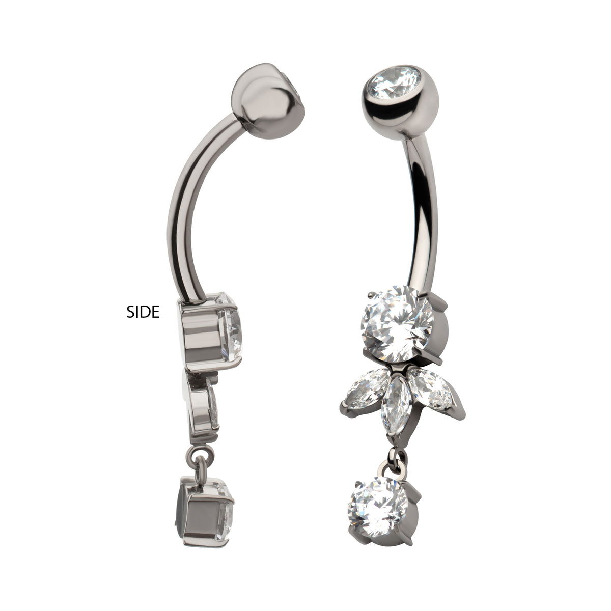 Titanium Internally Threaded Triple Marquise Gem Fan with Floating Round Gem Dangle Navel