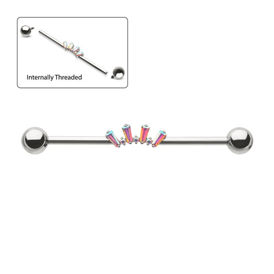 Titanium Internally Threaded Alternating Round & Baguette Prong Set Gem Cluster with Ball End Industrial Barbell