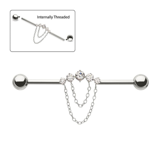 Titanium Internally Threaded 5 Round Prong Set Gem Cluster with 2-Tier Chain & Ball End Industrial Barbell