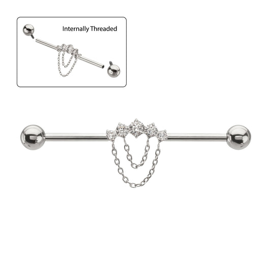Titanium Internally Threaded 5 Round Prong Set Gem Cluster with 2-Tier Chain & Ball End Industrial Barbell