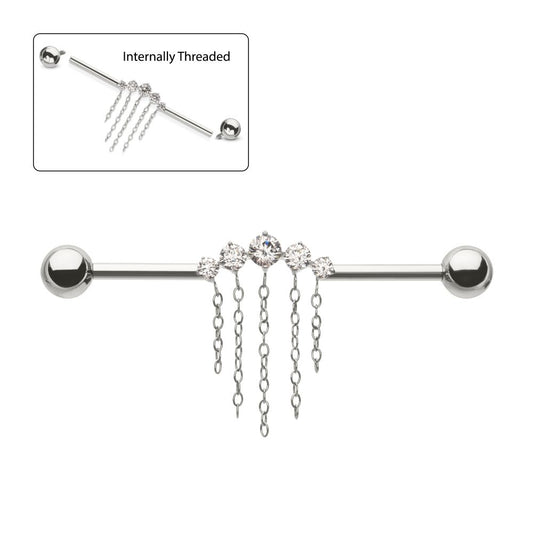Titanium Internally Threaded 5 Round Prong Set Gem Cluster with 5 Chain Dangle & Ball End Industrial Barbell