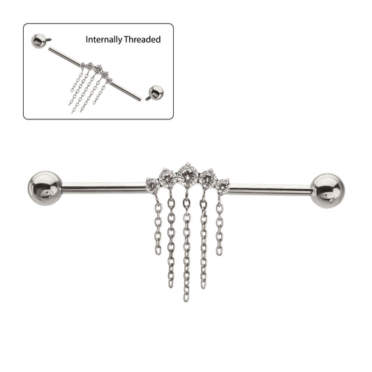 Titanium Internally Threaded 5 Round Prong Set Gem Cluster with 5 Chain Dangle & Ball End Industrial Barbell