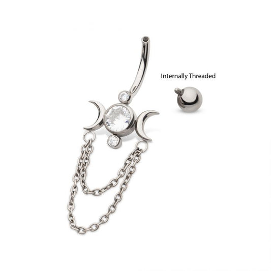 Titanium Internally Threaded Bezel Round CZ Triple Moon Phase Navel with 2 Tier Dangle Chain