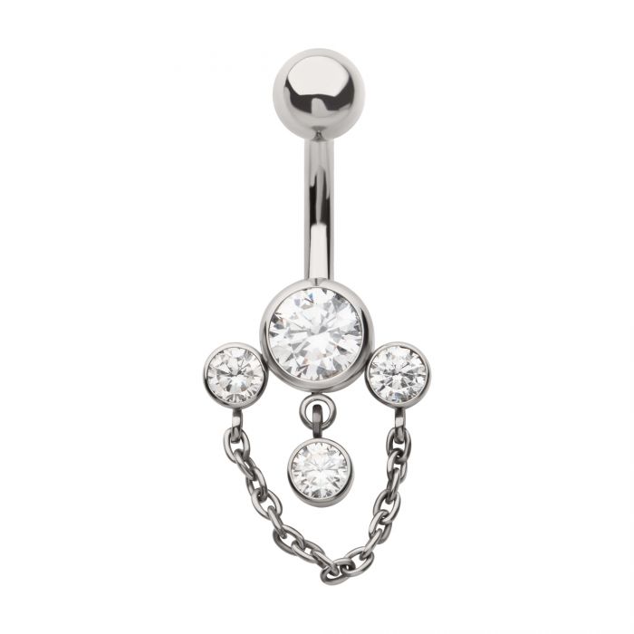 Titanium Internally Threaded 3-Cluster Bezel Round CZ Navel with Chain & Gem Dangles