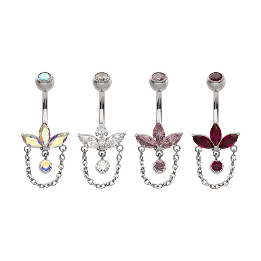 Titanium Internally Threaded Marquise Gem Fan Navel with Floating Gem & Dangle Chain
