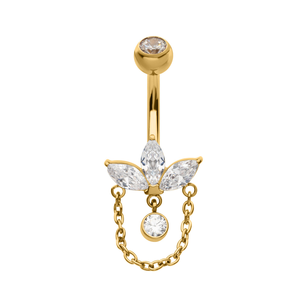24Kt Gold PVD Titanium Internally Threaded Marquise Gem Fan Navel with Floating Gem & Dangle Chain