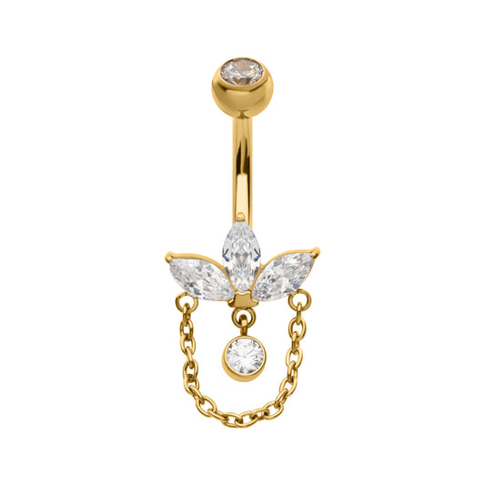 24Kt Gold PVD Titanium Internally Threaded Marquise Gem Fan Navel with Floating Gem & Dangle Chain