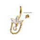 24Kt Gold PVD Titanium Internally Threaded Marquise Gem Fan Navel with Floating Gem & Dangle Chain
