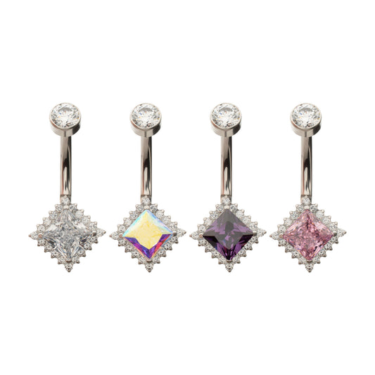 Titanium Internally Threaded Prism Halo with Clear Gem Edge Fixed Bottom Navel