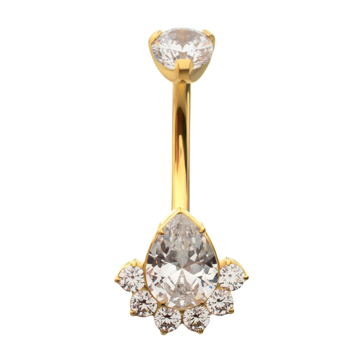 24Kt Gold PVD Titanium Internally Threaded Royal Cluster Teardrop Gem Fixed Bottom Navel