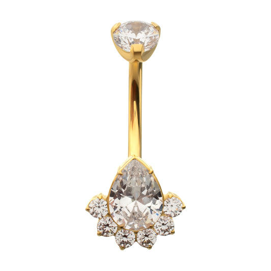 24Kt Gold PVD Titanium Internally Threaded Royal Cluster Teardrop Gem Fixed Bottom Navel